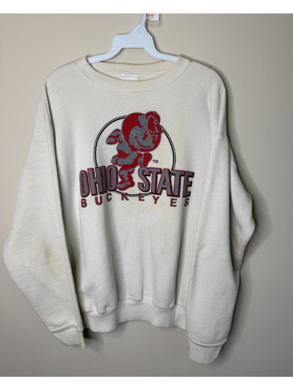 Vintage 90s Ohio State Buckeyes Thrashed Crewneck Sweatshirt White Mens LArge